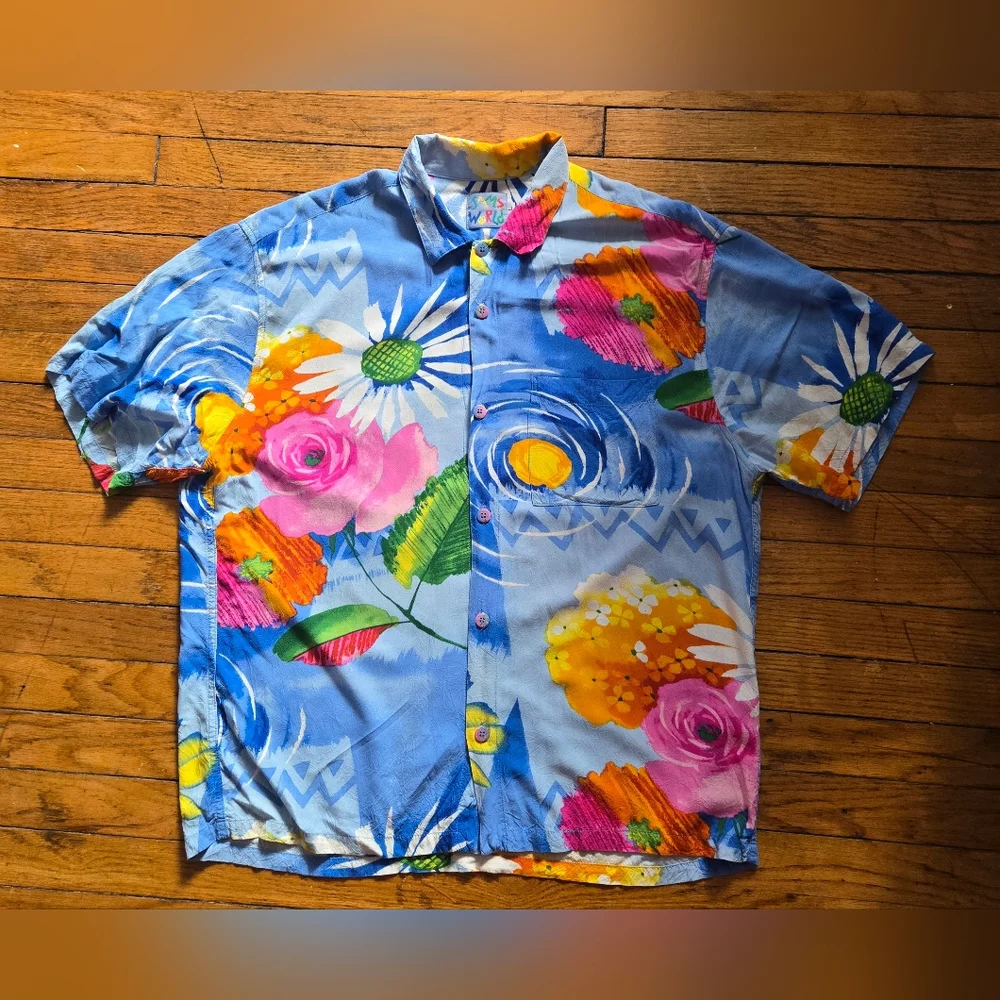vtg 80s/90s Jams World L Blue Floral Rayon Hawaiian Shirt - Picture 1 of 5